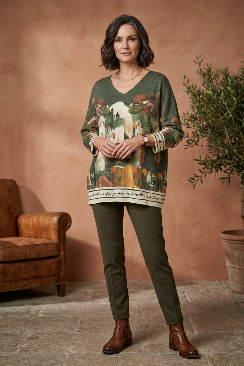 Watercolour Landscape Print Knit Jumper