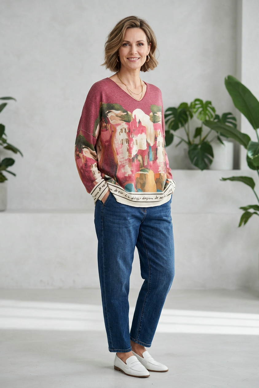 Watercolour Landscape Print Knit Jumper