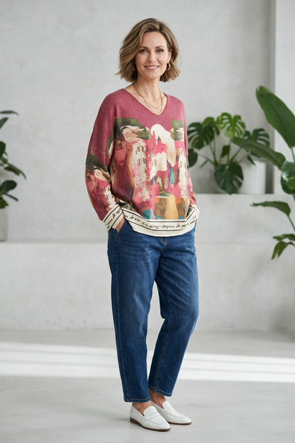 Watercolour Landscape Print Knit Jumper