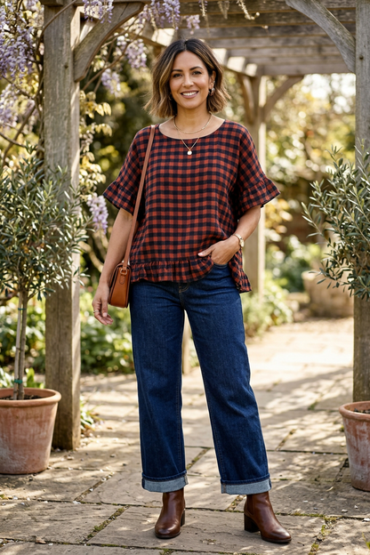 Check Ruffle Hem Cotton Top