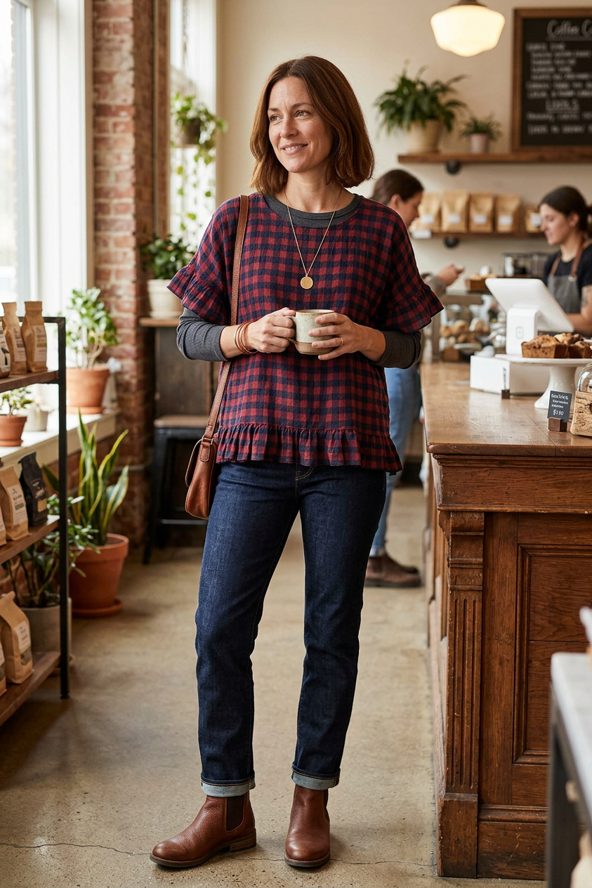Check Ruffle Hem Cotton Top
