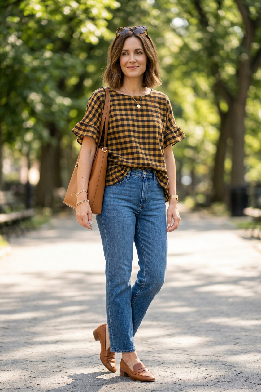 Check Ruffle Hem Cotton Top