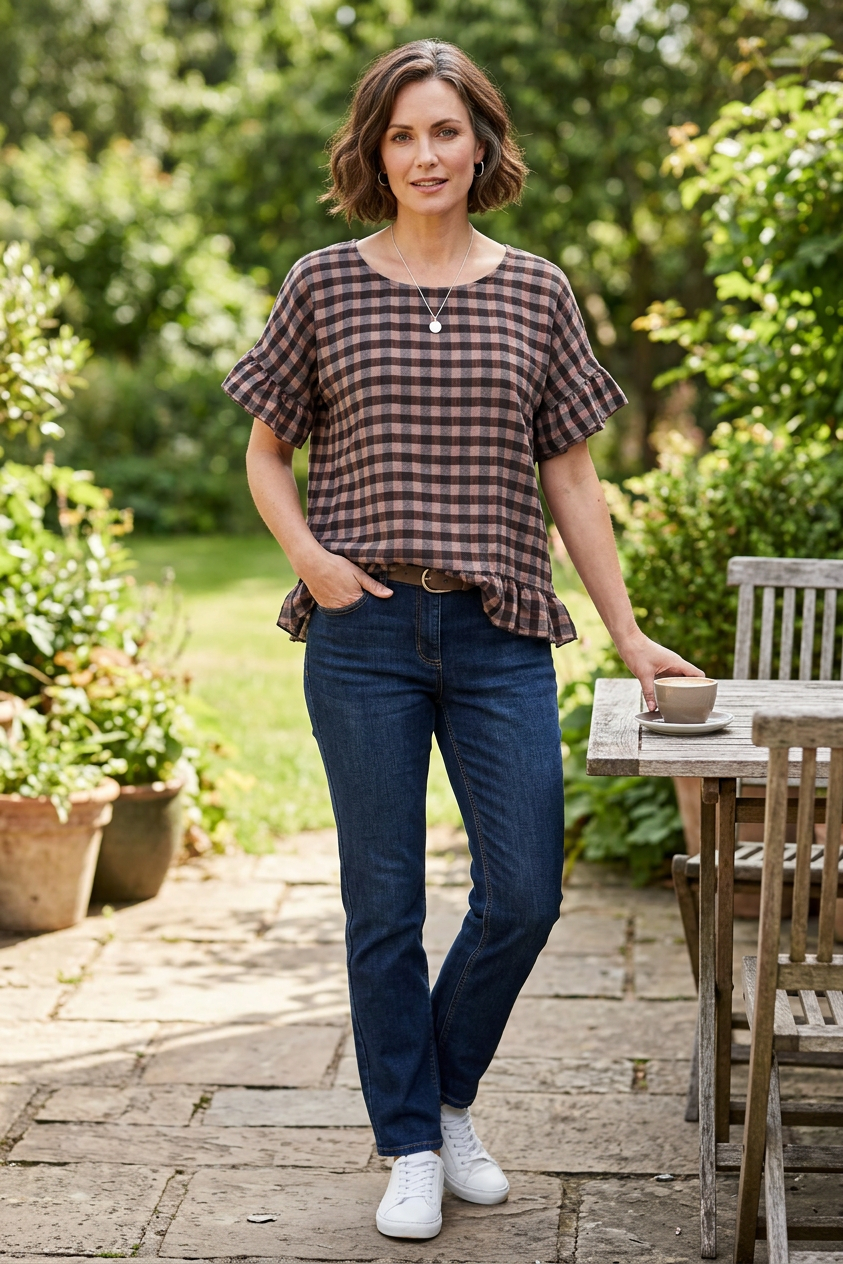 Check Ruffle Hem Cotton Top