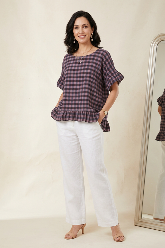 Check Ruffle Hem Cotton Top