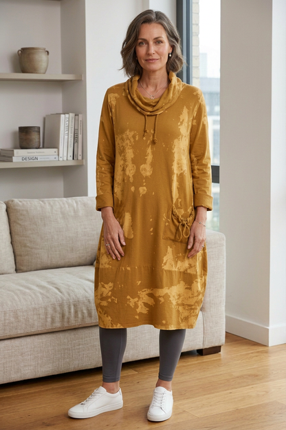 Abstract Print Cowl Neck Dress