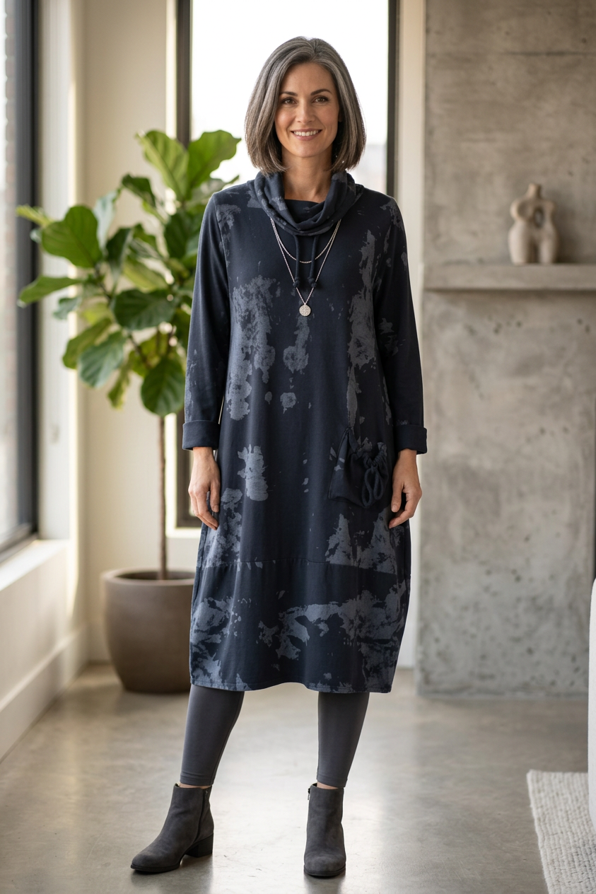Abstract Print Cowl Neck Dress