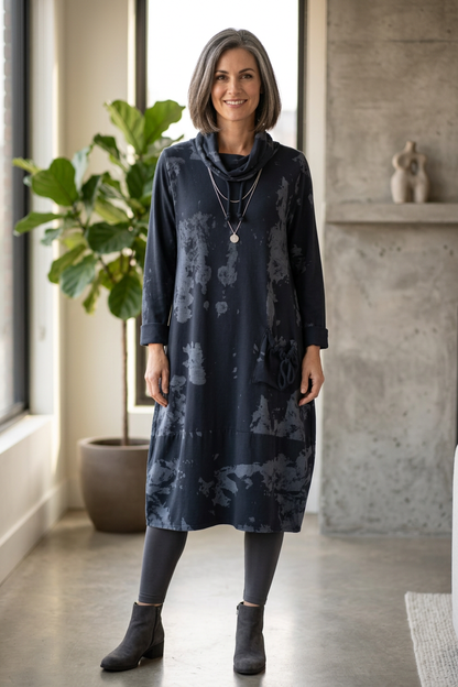Abstract Print Cowl Neck Dress