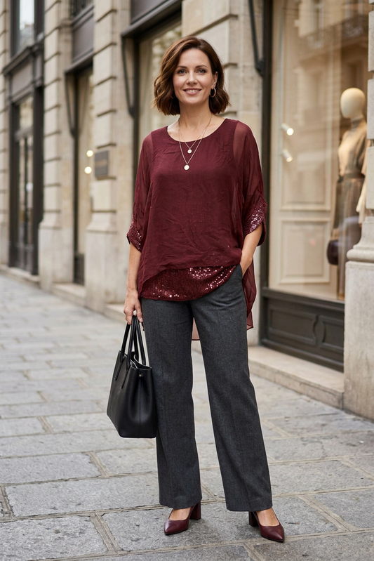 Sequin Hem Silk Blouse