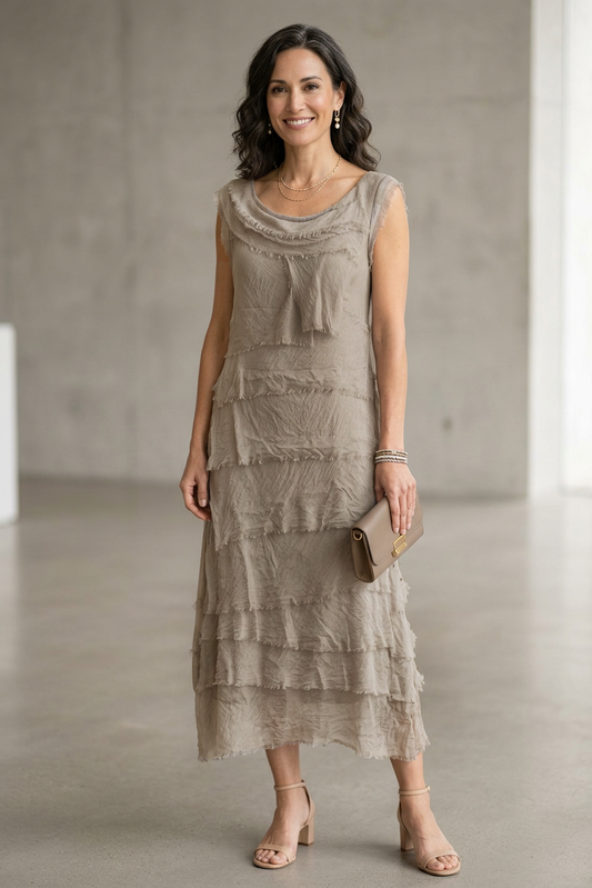 Sleeveless Frayed Detail Silk Midi