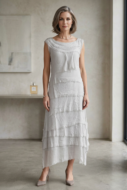 Sleeveless Frayed Detail Silk Midi
