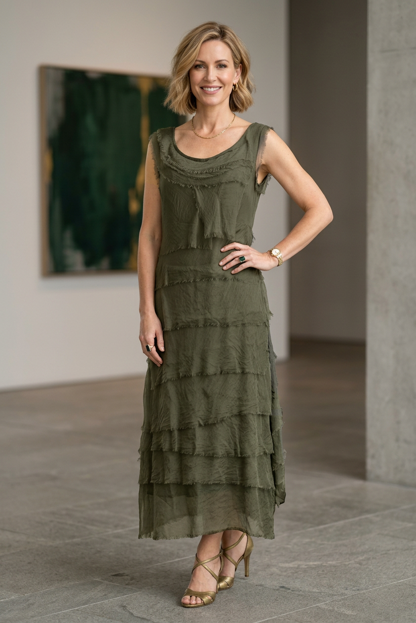 Sleeveless Frayed Detail Silk Midi