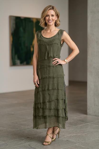 Sleeveless Frayed Detail Silk Midi