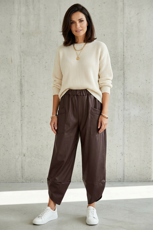 2 Pocket Tulip Ankle Barrel Leg PU Trouser