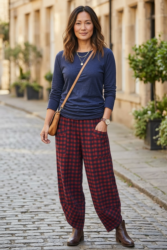 2 Pocket Tulip Ankle Barrel Leg Check Trouser