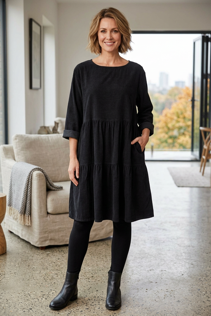 Tiered Swing Corduroy Dress