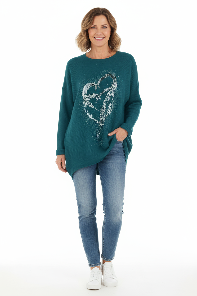 Double Sequin Heart Ribbed Jumper