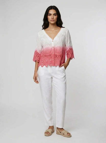 Dip Dye Crochet Trim Cotton Shirt
