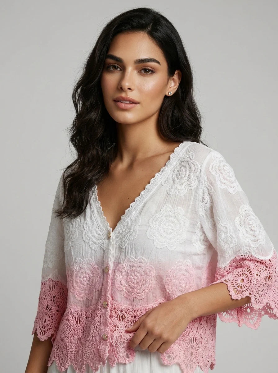 Dip Dye Crochet Trim Cotton Shirt