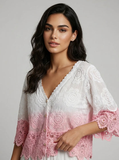 Dip Dye Crochet Trim Cotton Shirt