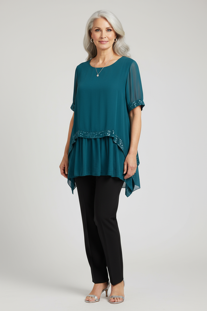 Sequin Trim Layered Hem Silk Blouse