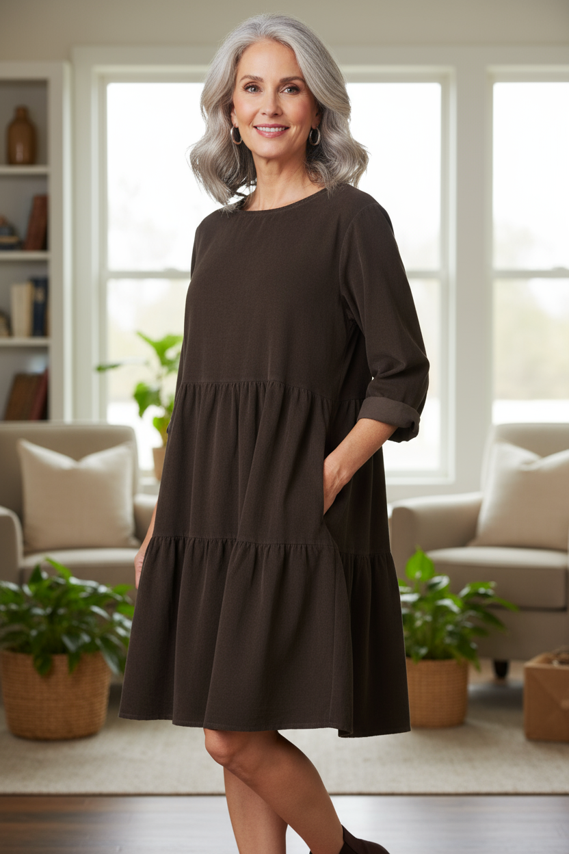 Tiered Swing Corduroy Dress