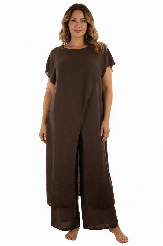 Crossover Tunic Top Wide Leg Trouser Set