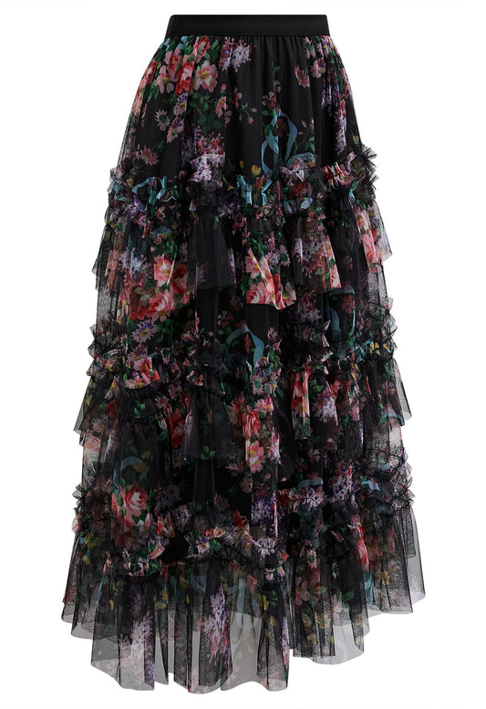 Floral Mesh Tulle Midi Skirt