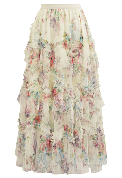 Floral Mesh Tulle Midi Skirt