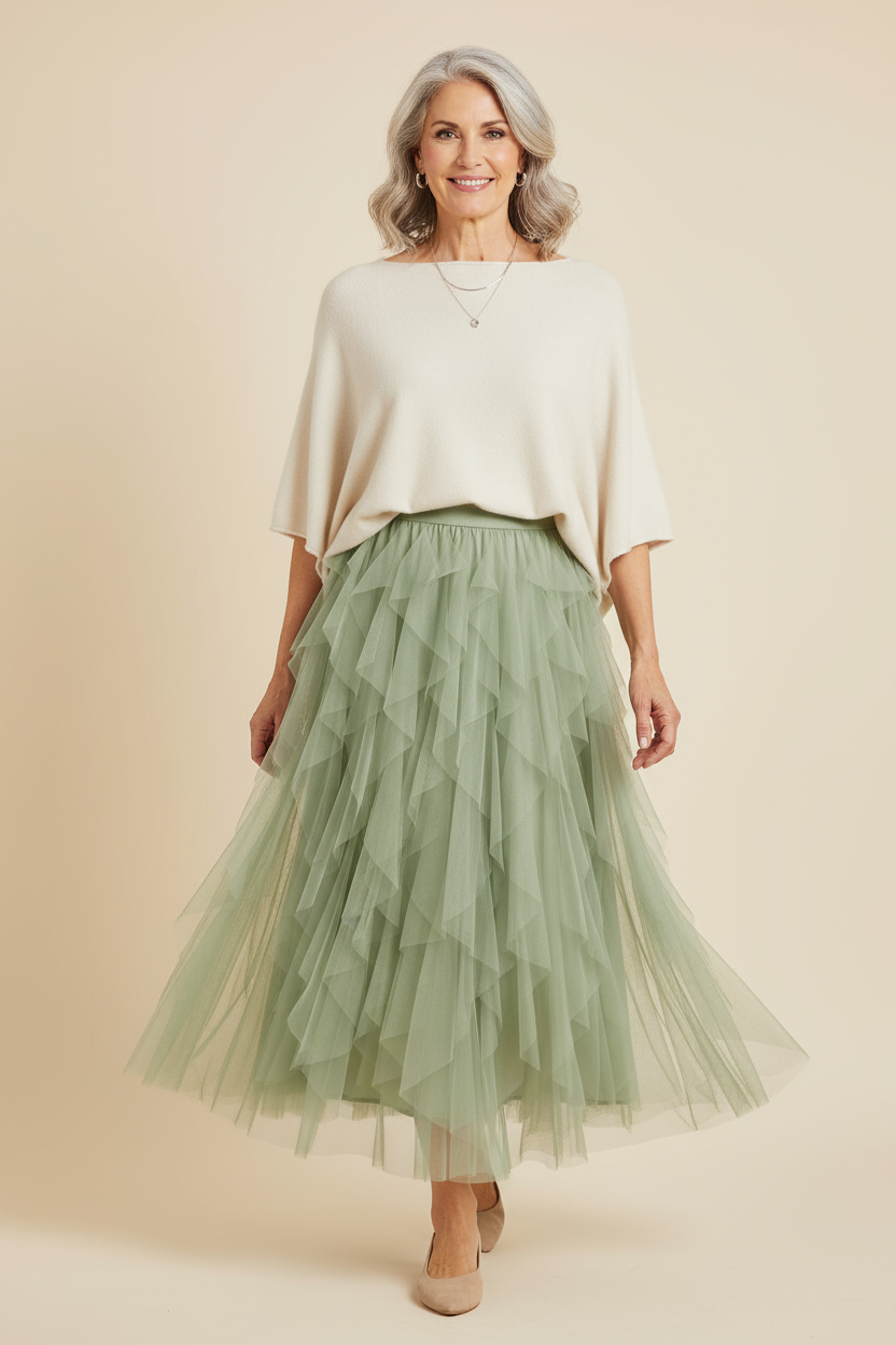 Ruffle Tulle Midi Skirt