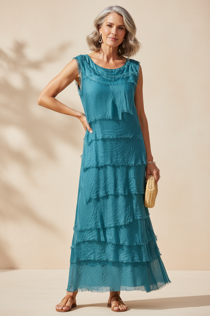 Sleeveless Frayed Detail Silk Midi