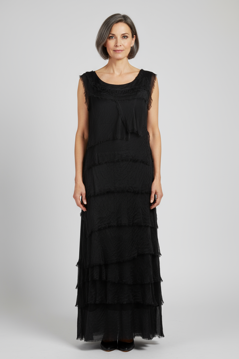 Sleeveless Frayed Detail Silk Midi