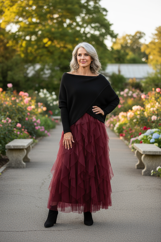 Ruffle Tulle Midi Skirt