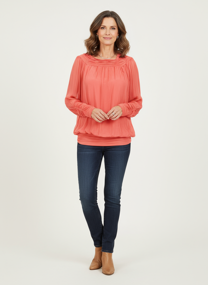 Ruched Neck Silk Blouse