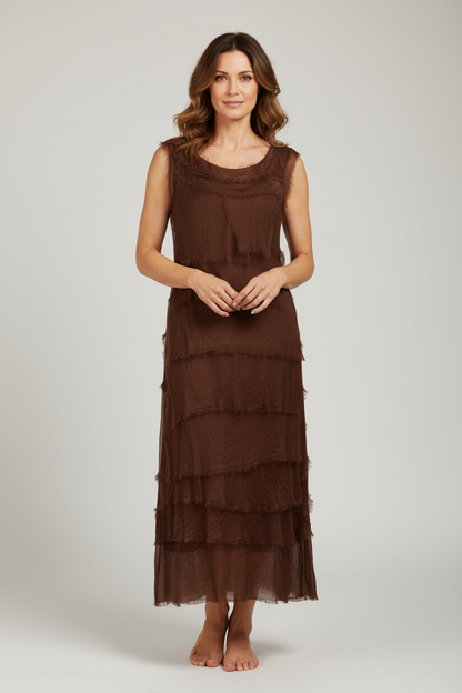 Sleeveless Frayed Detail Silk Midi