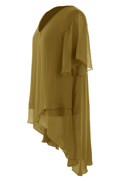 V Neck Crossover Hem Silk Blouse