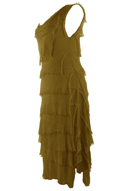 Sleeveless Frayed Detail Silk Midi