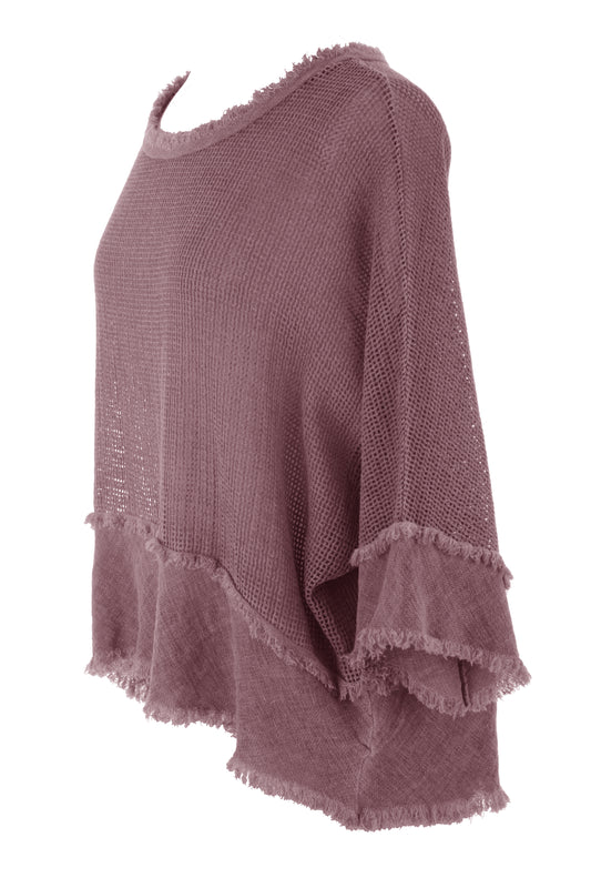 Frayed Trim Linen Mesh Top