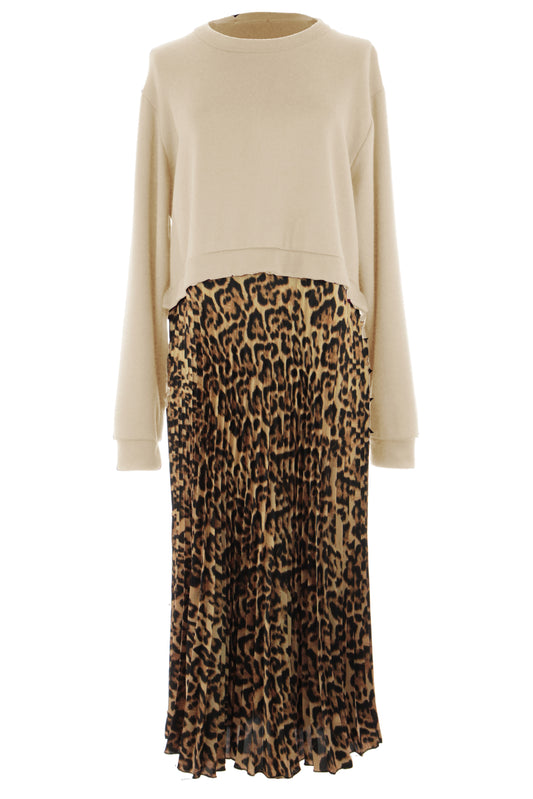 Leopard Print Pleated Satin Midi