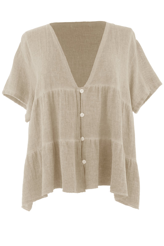 Button Tiered Hopsack Linen Top