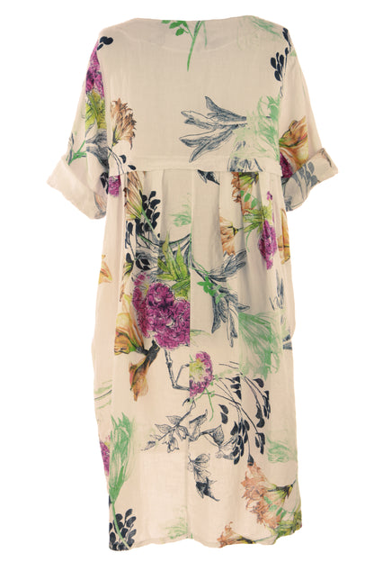 Floral Print Pleat Back Linen Dress