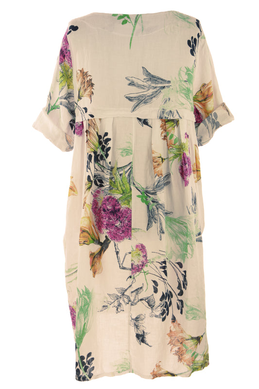 Floral Print Pleat Back Linen Dress