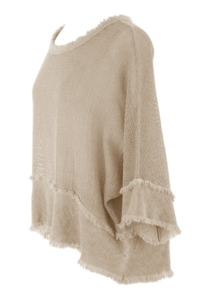 Frayed Trim Linen Mesh Top