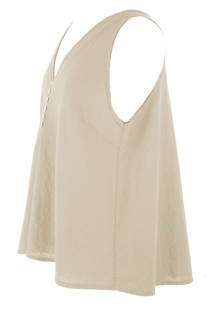 Sleeveless V Neck Button Detail Linen Top