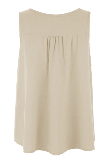 Sleeveless V Neck Button Detail Linen Top