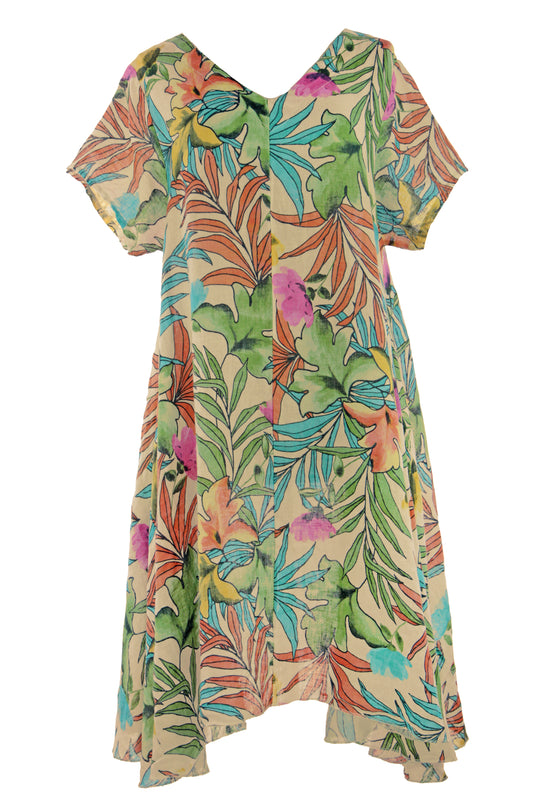 Tropical Print Linen Dress