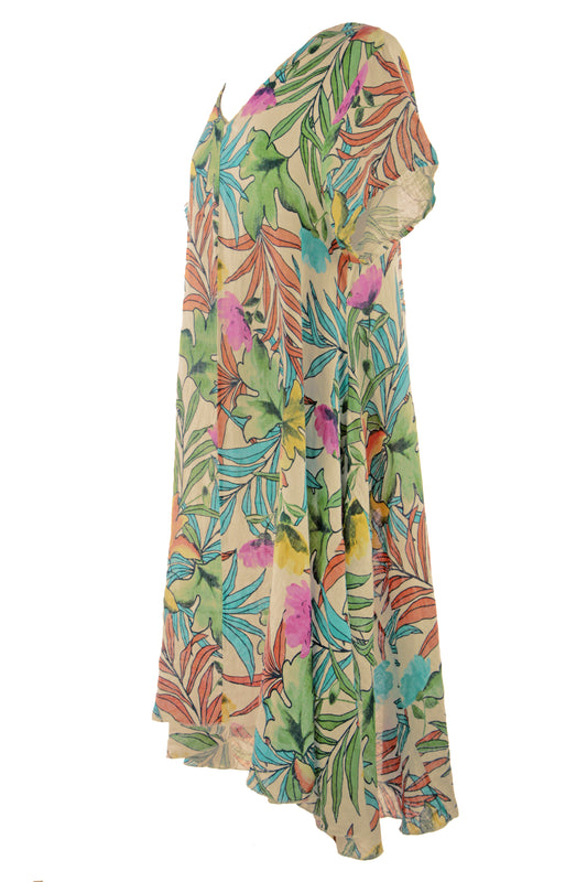 Tropical Print Linen Dress