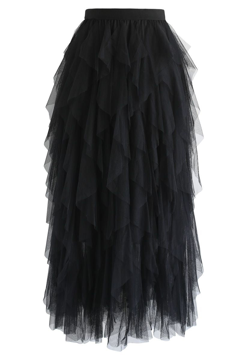 Ruffle Tulle Midi Skirt