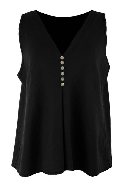 Sleeveless V Neck Button Detail Linen Top