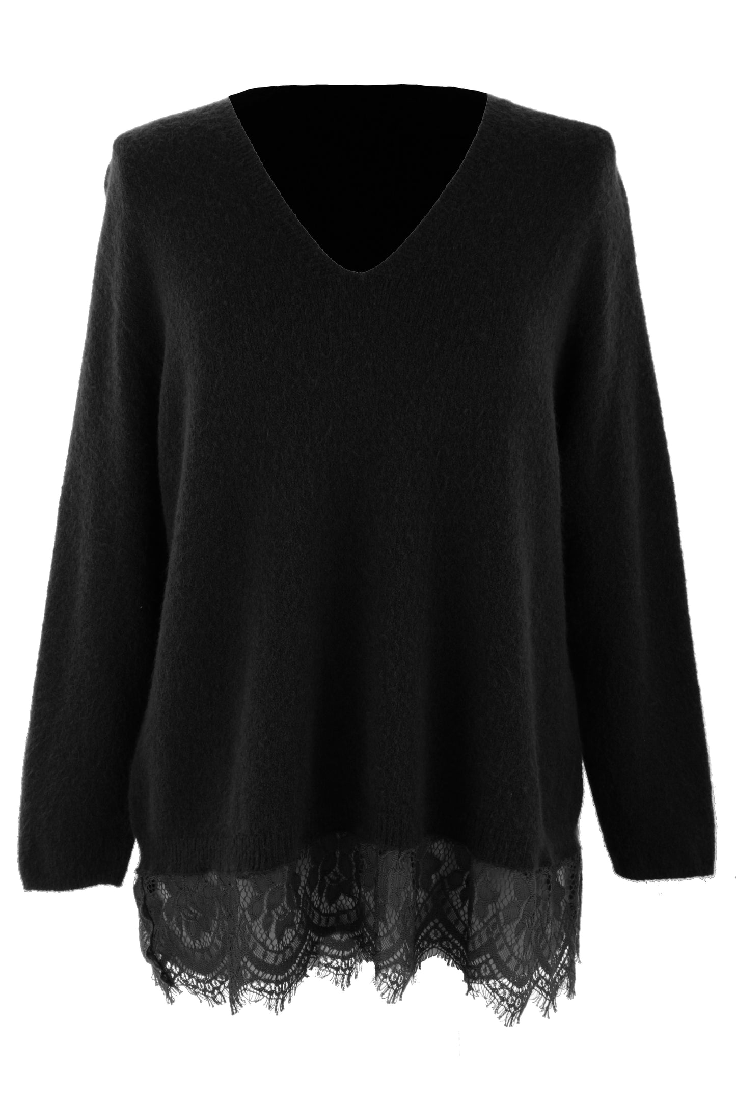 V Neck Lace Hem Wool Jumper