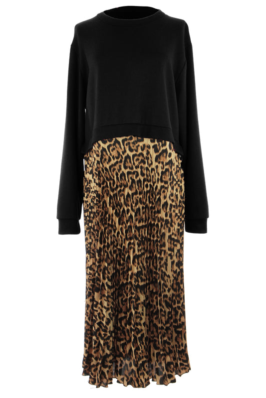 Leopard Print Pleated Satin Midi